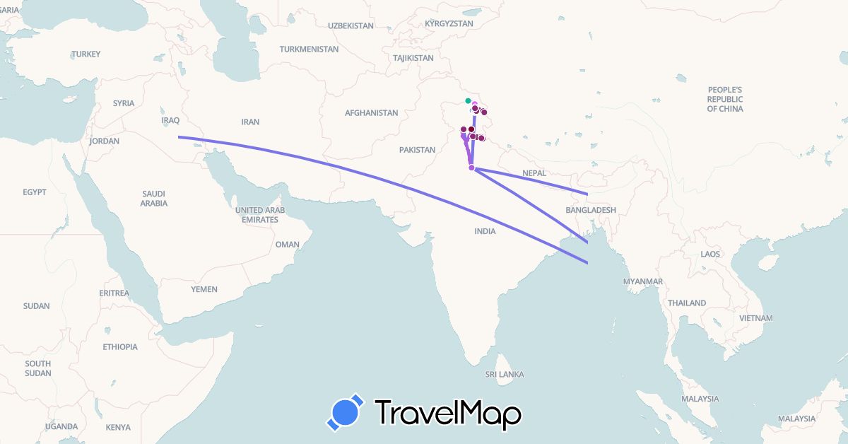 TravelMap itinerary: driving, riksha, local bus, zipline, airplane, bus, hiking, hitchhiking, car, boat in Israel, India, Cambodia, Myanmar (Burma), Thailand, Vietnam (Asia)